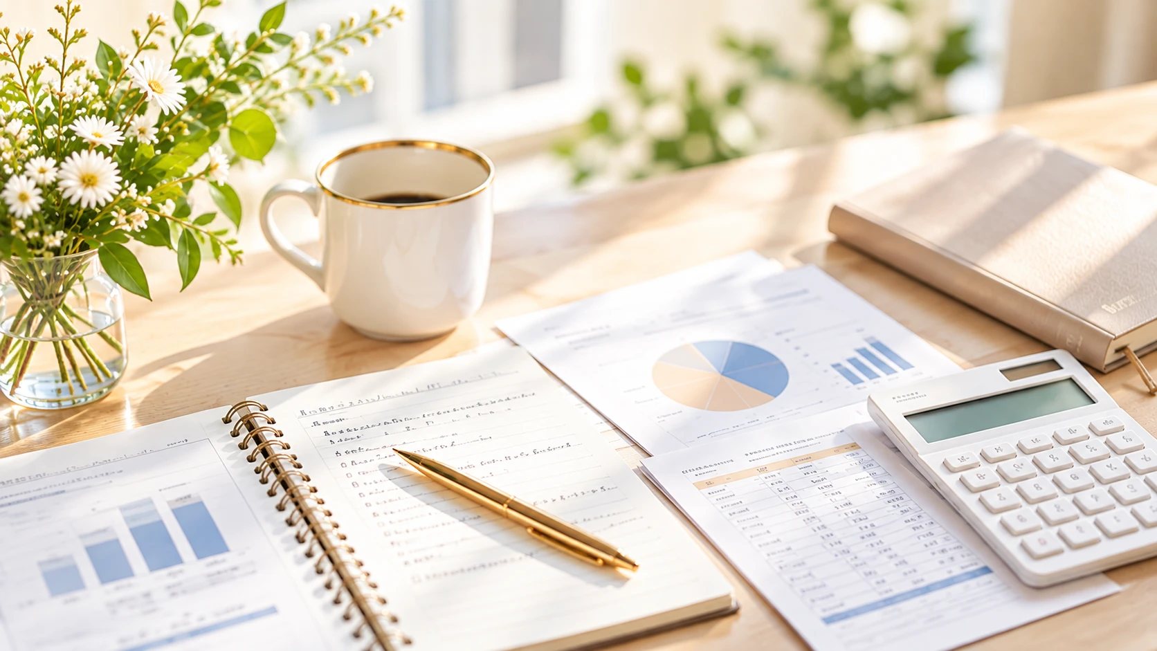 ライフプランの資料とノート、電卓が並ぶデスク